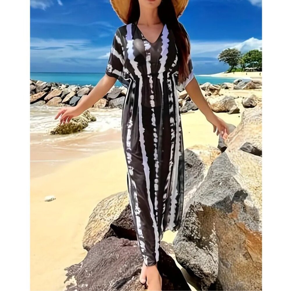 Swim Cover Up Dress Black White Stretch Flattering Semi Sheer π NEW - Picture 5 of 8